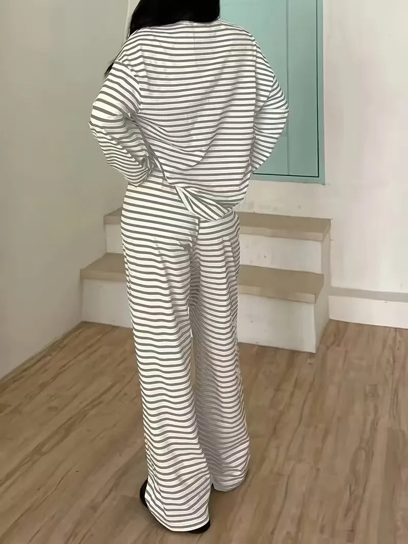 New Simple Striped Suit Simple  Loose Comfortable Lazy Style Long-sleeved Round Neck Pullover Top Lace-up Trousers Two-piece Set