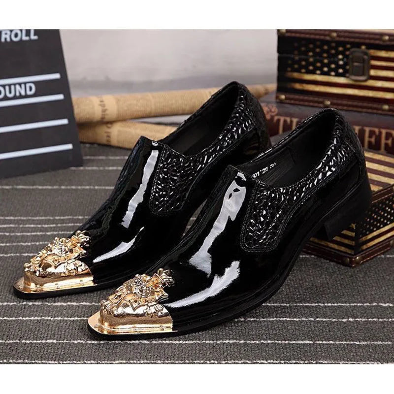 2024 Western Fashion Pointed Metal Toe Dress Shoes Blue Grey Party Wedding Leather Shoes for Men