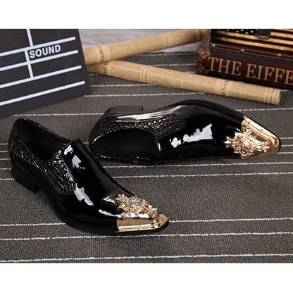 Italian Style Gentleman Dress Shoes Men black Metal Pointed Toe Snake Grain Genuine Leather Shoes Business Party Shoes Men Flat