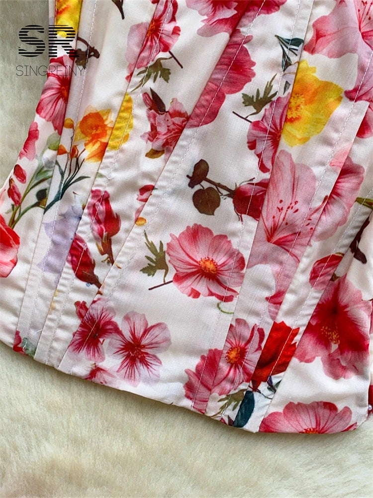 SINGREINY Summer Beach Floral Suits Strapless Sensual Bustier Tank Top+Mini Bud Skirt French Style Women Slim Hotsweet 2Pcs Sets