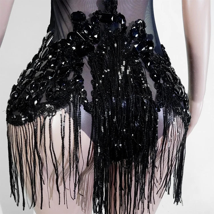 Sexy Mesh Sheer Black Rhinestone Tassel Bodysuit Women Singer Dancer Stage Show Outfit Nightclub Leotard Party Performance Wear