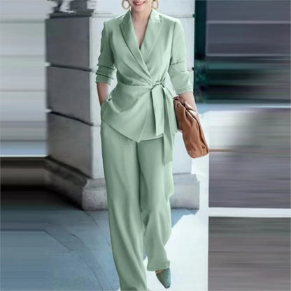 Casual Fashionable Trousers Suit Spring Autumn Solid Color Commuter Style Lapel Long-sleeved Top Wide-leg Trousers Two-piece Set