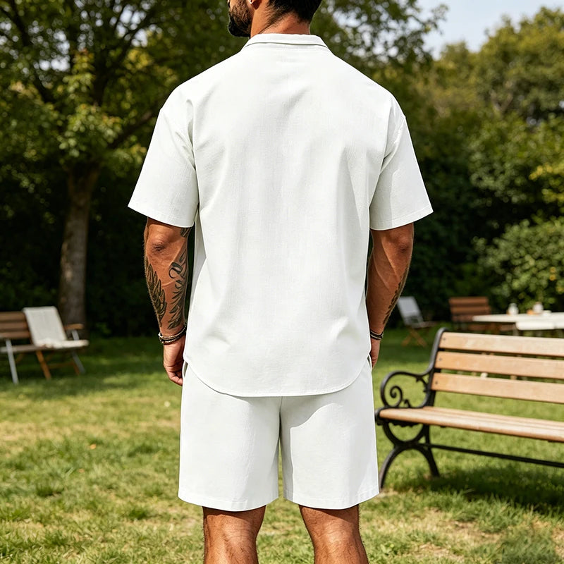 Men Linen Two Piece Outfit Short Sleeve Lapel Button Shirt Elastic Drawstring Shorts Summer Daily Seaside Vacation Casual Set