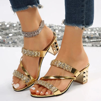 Summer Rhinestones Luxury Women's Sandals Block Medium Heel Female's Slippers with Open Toe Popular New Sexy Footwears