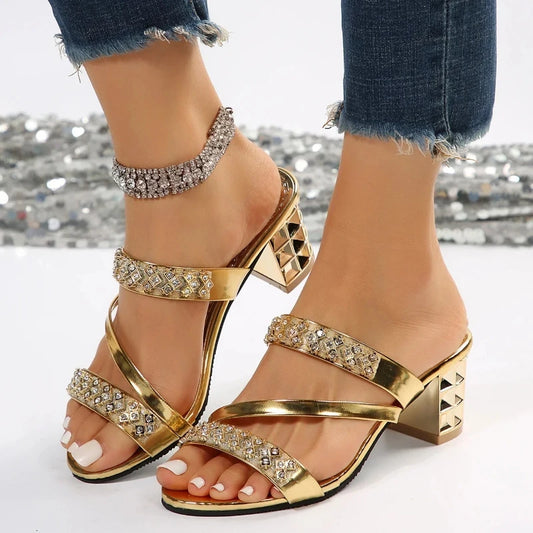 Summer Rhinestones Luxury Women's Sandals Block Medium Heel Female's Slippers with Open Toe Popular New Sexy Footwears