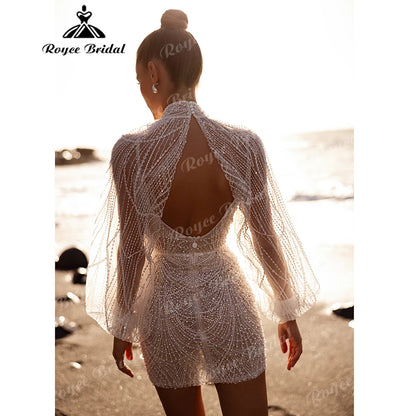 High Neck Beaded Mesh Mini Wedding Dress with Detachable Puff Sleeves Glamorous Reception  Elopement Bridal Gown Customized