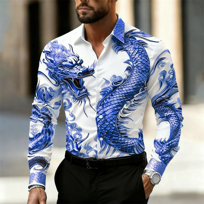 Men's shirt long sleeve shirt Chinese dragon HD pattern 3D printing lapel fashion casual street top, high quality fabric