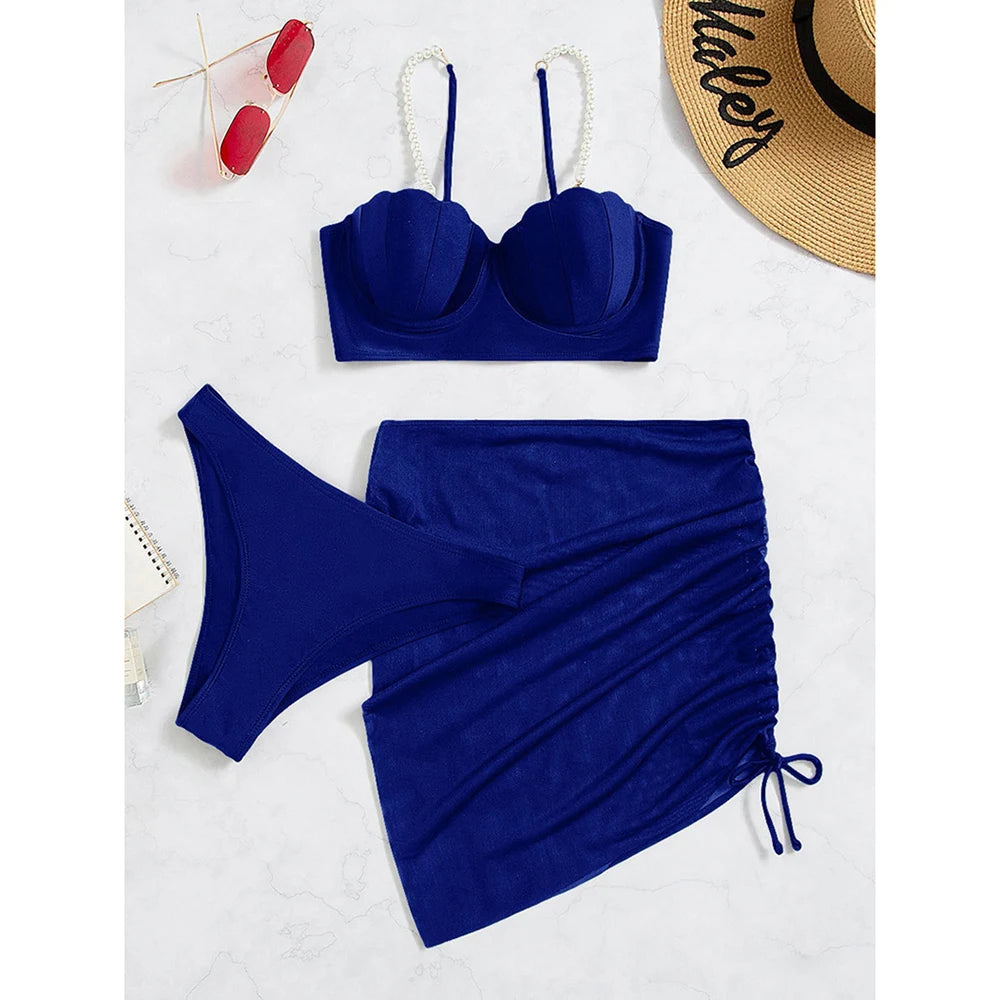 2025 New Sexy Three-piece Bikini Women Solid Drawstring Skirt Swimsuit Sling Backless Swimwear Tight Gathered Beach Bathing Suit