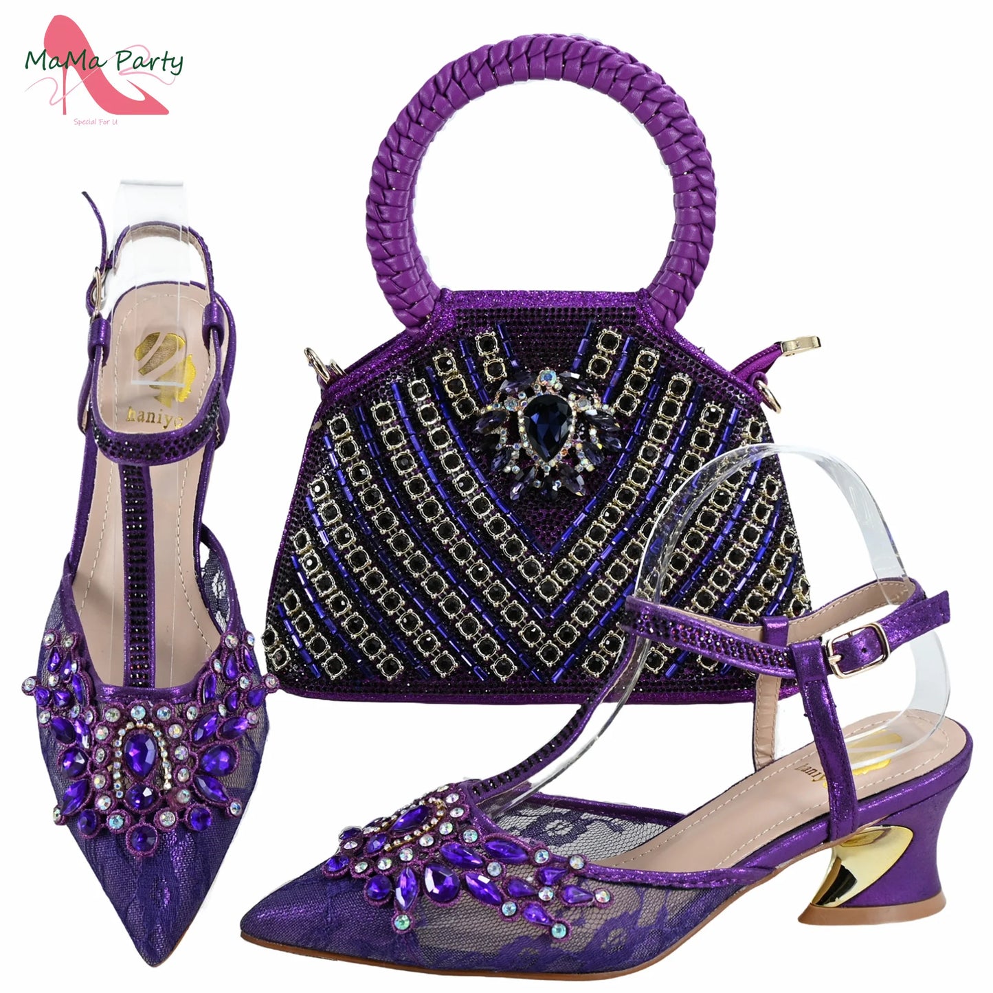 Purple Color New Arrivals Italian Design Nigerian Women Shoes and Bag Set Pointed Toe Slipper with Shinning Crystal for Party