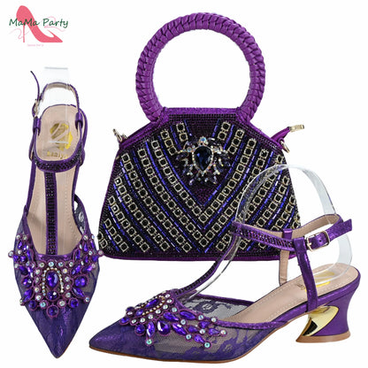 Purple Color New Arrivals Italian Design Nigerian Women Shoes and Bag Set Pointed Toe Slipper with Shinning Crystal for Party