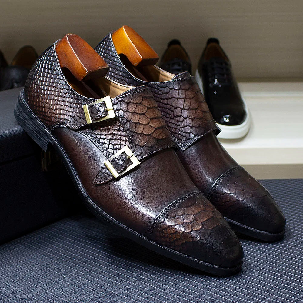 Luxury Double Buckle Monk Strap Men's Dress Shoes Genuine Leather Classic Crocodile Pattern Formal Business Office Footwear