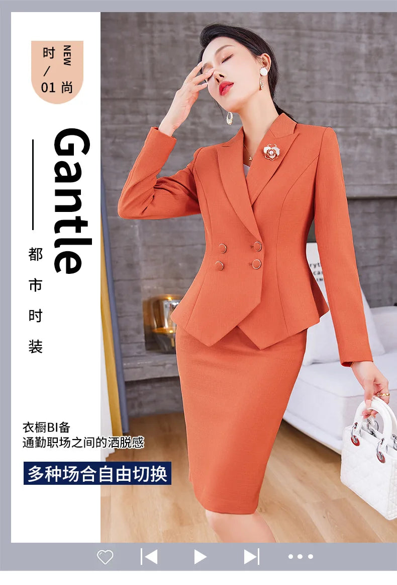 New Arrival Elegant Ladies Formal Skirt Suit Women Orange Blue Pink Long Sleeve Female Blazer Set for Business Work Wear