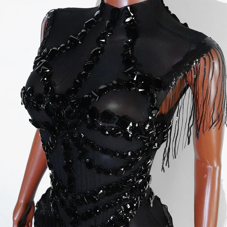 Sexy Mesh Sheer Black Rhinestone Tassel Bodysuit Women Singer Dancer Stage Show Outfit Nightclub Leotard Party Performance Wear