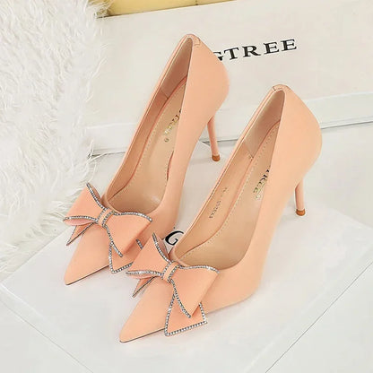 BIGTREE Fashion Korean Version 10cm High Heels Pumps Silk Shallow Pointed Toe Crystal Butterfly BowKnots Lady Red Purple Shoes