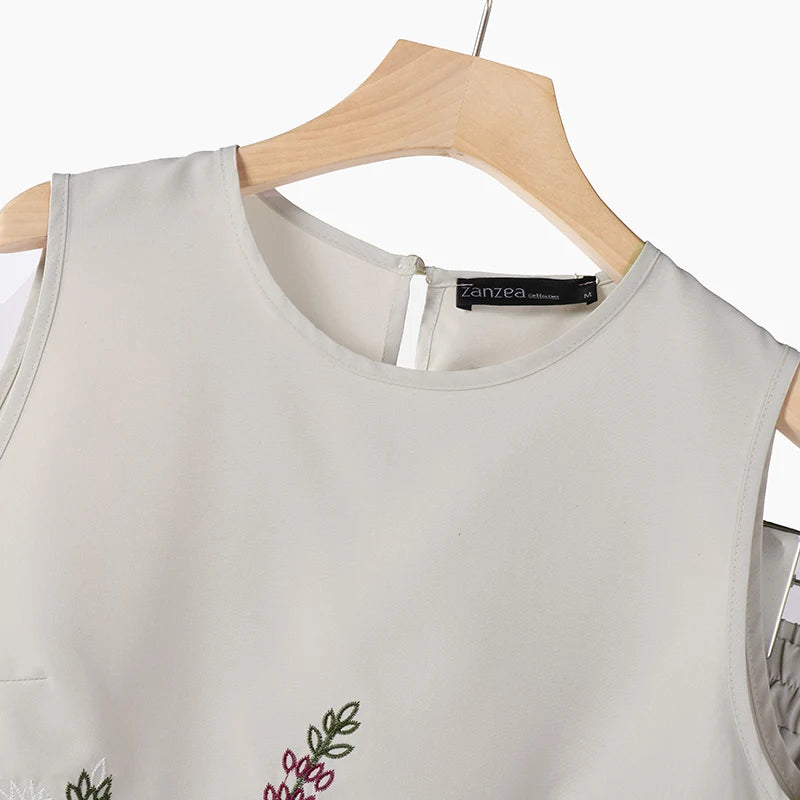 Fashion 2PCS Summer Outfits ZANZEA Sleeveless Embroidery Blouse Pant Sets Women Work OL Matching Sets Casual Holiday Tracksuits