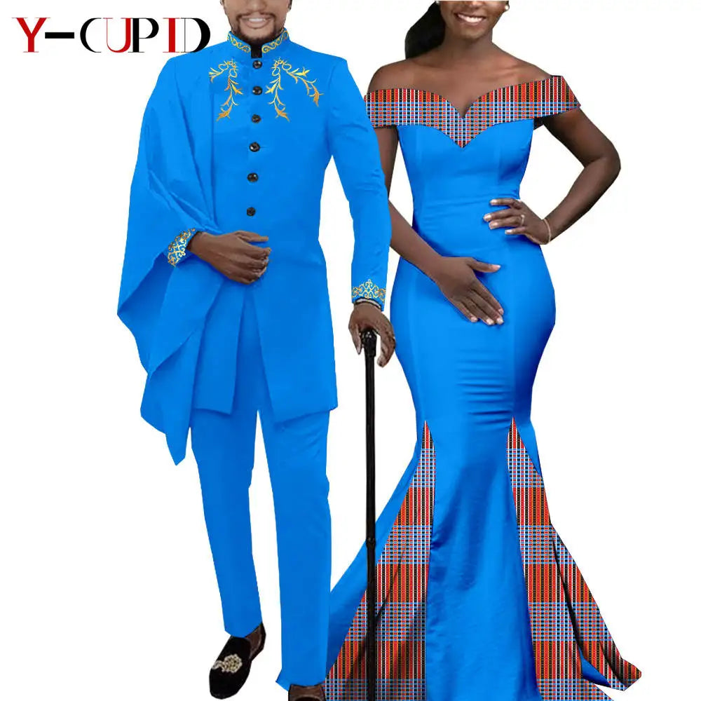 African Couple Matching Clothes for Wedding Women Slim Mermaid Dress Bazin Riche Men Irregular Jacket Pant Sets with Hat Y23C011