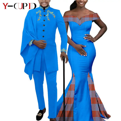 African Couple Matching Clothes for Wedding Women Slim Mermaid Dress Bazin Riche Men Irregular Jacket Pant Sets with Hat Y23C011