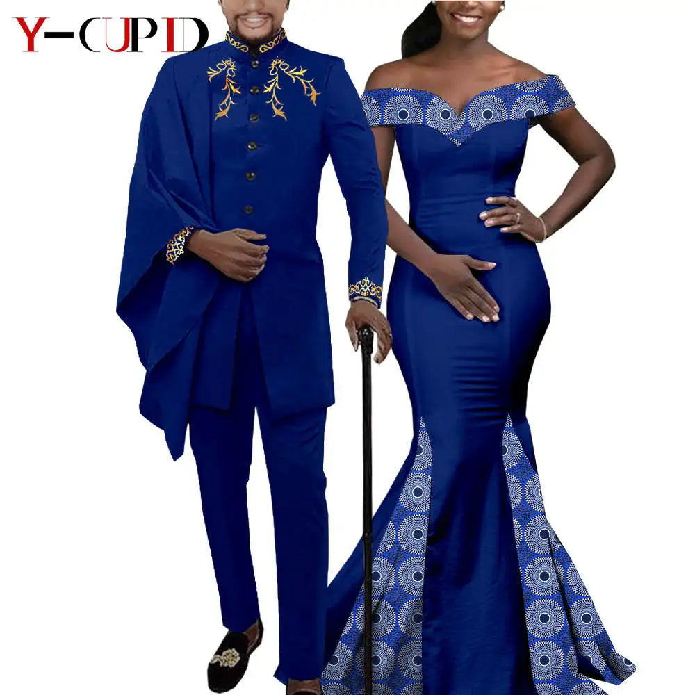 African Couple Matching Clothes for Wedding Women Slim Mermaid Dress Bazin Riche Men Irregular Jacket Pant Sets with Hat Y23C011