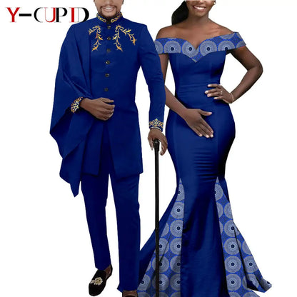 African Couple Matching Clothes for Wedding Women Slim Mermaid Dress Bazin Riche Men Irregular Jacket Pant Sets with Hat Y23C011