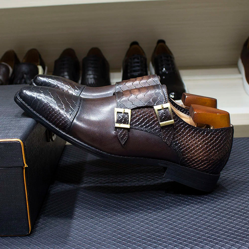 Luxury Double Buckle Monk Strap Men's Dress Shoes Genuine Leather Classic Crocodile Pattern Formal Business Office Footwear