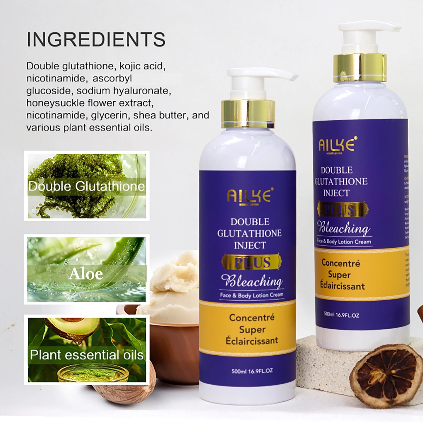 AILKE Glutathione Lighten Body Lotion, Moisturizing, Hydration, Even Skin tone, Improve Dark & Black Skin, Support Private logo