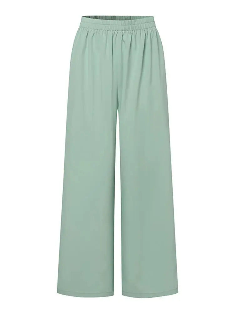 Casual Fashionable Trousers Suit Spring Autumn Solid Color Commuter Style Lapel Long-sleeved Top Wide-leg Trousers Two-piece Set