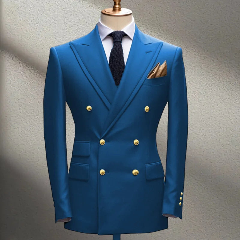 Blue Men's Suit Jacket Slimming Fashion Blazer Double Row Metal Buckle Men's Top Coat for Business Banquet Wedding