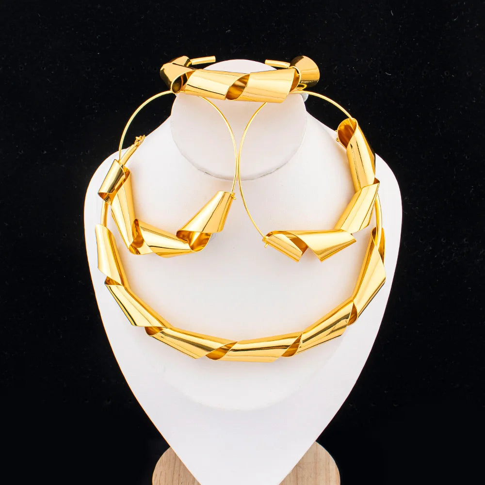 Luxury Gold Plated Dubai Jewelry Set For Women African Copper Twist Bold Design Earrings Necklace Bracelet Quality Jewelry Gift