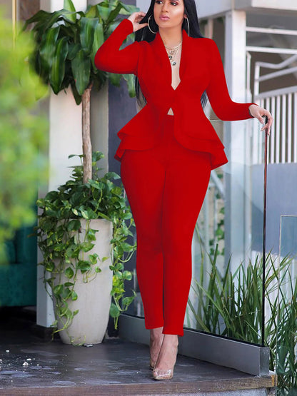 Women Winter Women's Set Tracksuit Full Sleeve Ruffles Blazers Pencil Pants Suit Two Piece Set Office Lady Outfits Uniform