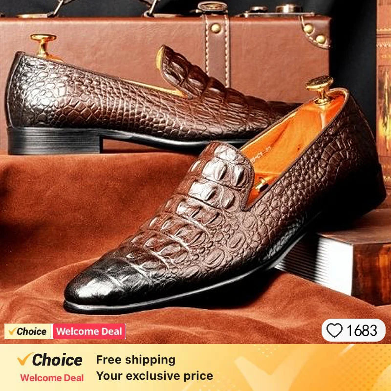 Men's Luxury crocodile pattern leather loafers, handmade business dress shoes, slip-on formal office footwear for men, Brown