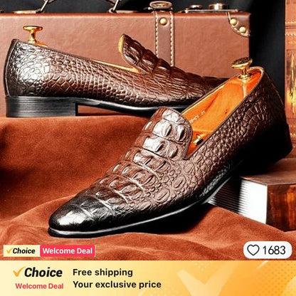 Men's Luxury crocodile pattern leather loafers, handmade business dress shoes, slip-on formal office footwear for men, Brown