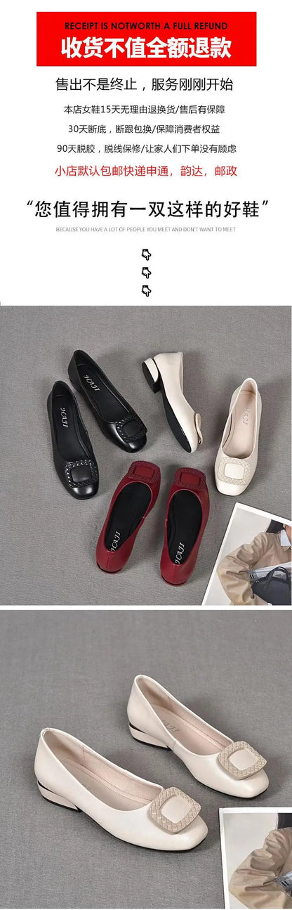 Soft Pu Leather Women's Low Heel Shoes Shallow Mouth All-match Comfortable Pumps Thick Heels Ladies Work Small Leather Shoes