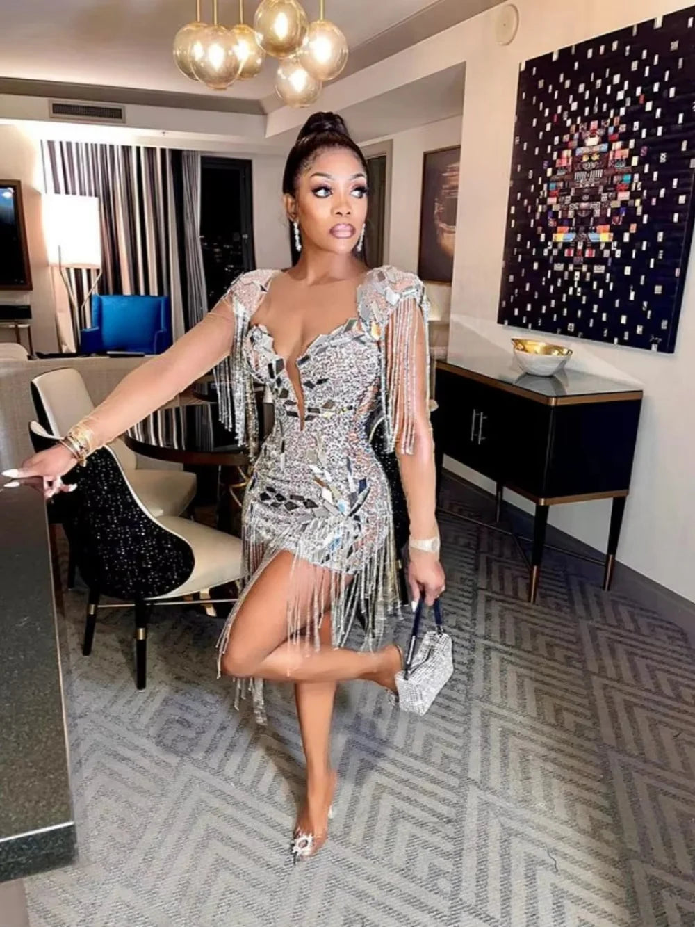 Short Golden Prom Dresses Luxury Black Girls Beaded Crystal with Tassel Birthday Cocktail Party Gowns Homecoming Customized