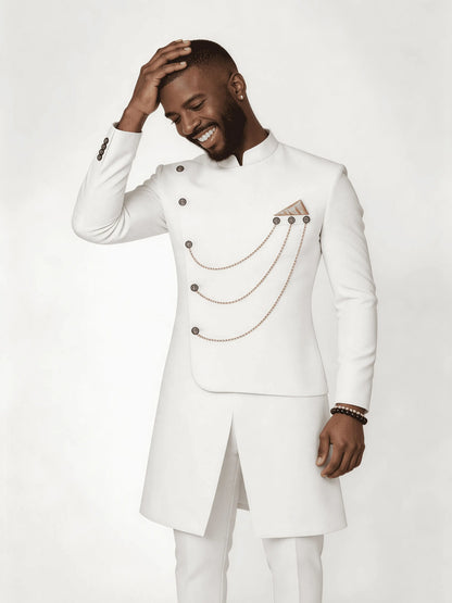 Men’s Solid White Gold Chain Decor Asymmetrical Formal Wear Set Stand Collar 2 Piece Wedding Groom Tunic Jacket & Pants Prom Hom