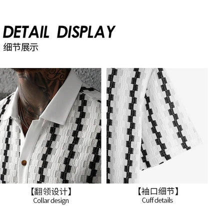 Summer Men's Knit Short Sleeve Shirt, Vintage Plaid Pattern Casual Button Up Top, Breathable Textured Fabric for Daily Vacation