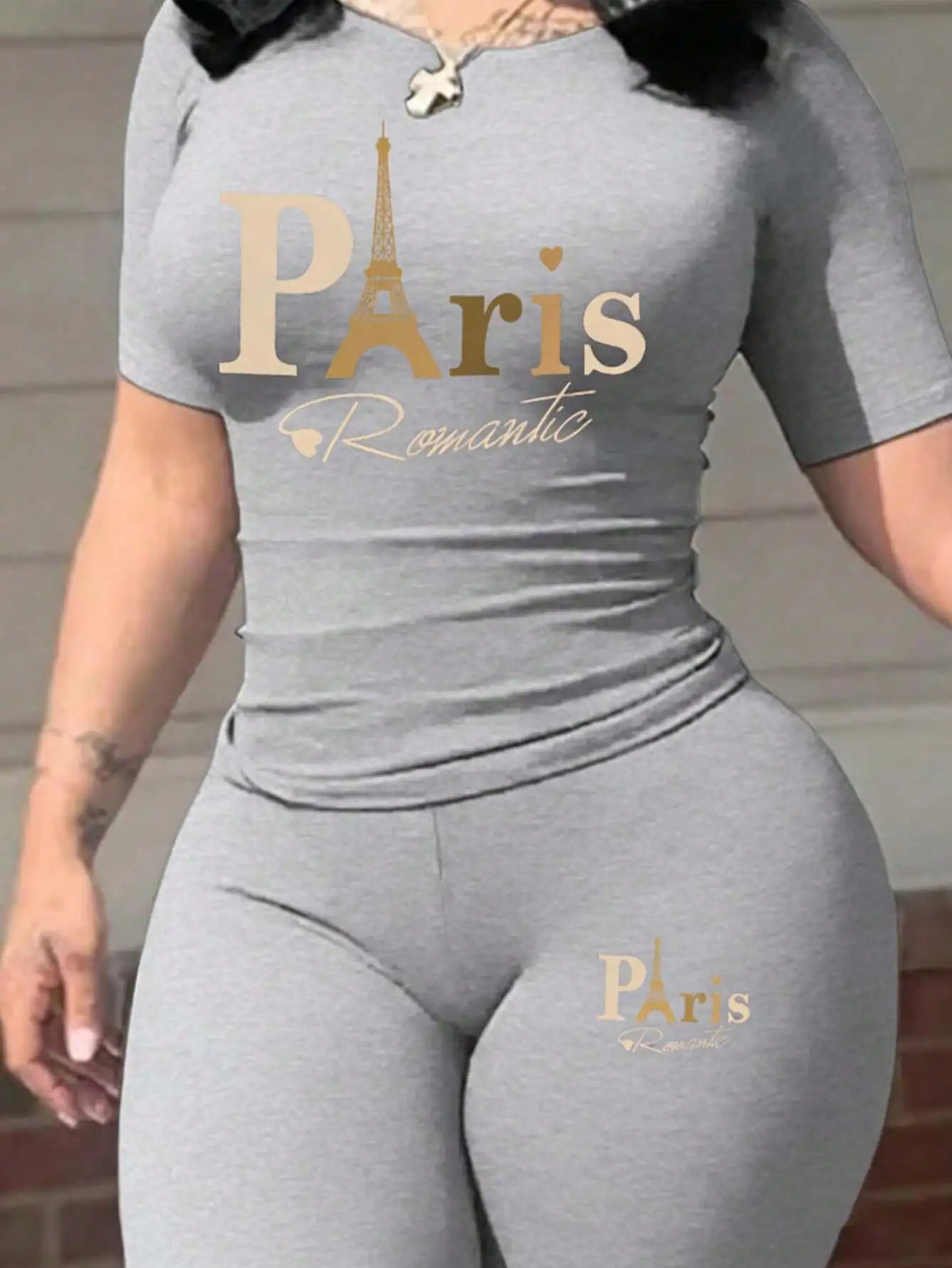 2026 Women's New Paris Printed Two-Piece Set, Casual Short-Sleeved Round Neck T-Shirt and Tight Pants Long Pants Set