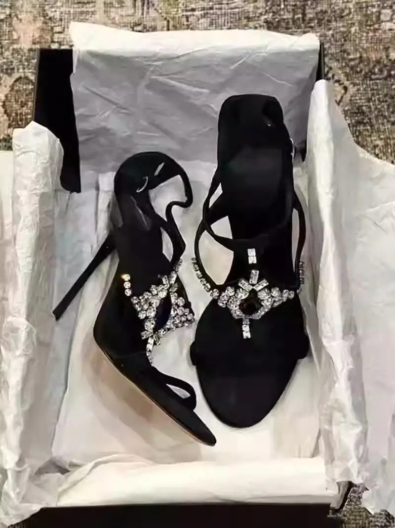 Sexy Rhinestone Stiletto High Heels Open-Toe One-Strap Buckle Sandals Suede Party Women Shoes Sandalias Mujer Verano