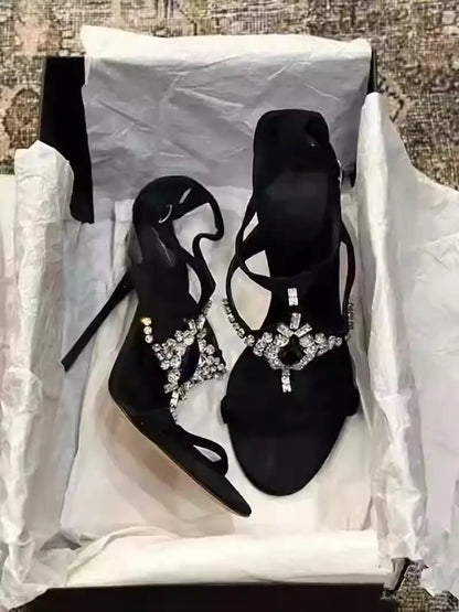 Sexy Rhinestone Stiletto High Heels Open-Toe One-Strap Buckle Sandals Suede Party Women Shoes Sandalias Mujer Verano