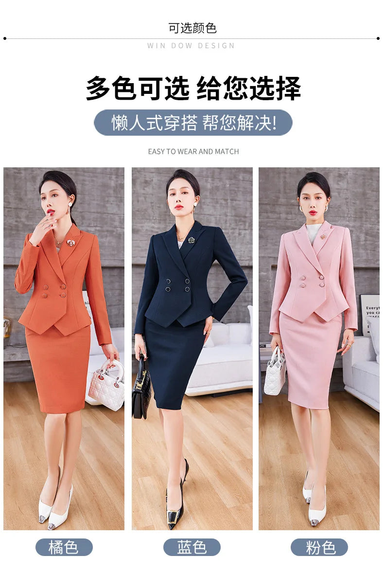 New Arrival Elegant Ladies Formal Skirt Suit Women Orange Blue Pink Long Sleeve Female Blazer Set for Business Work Wear