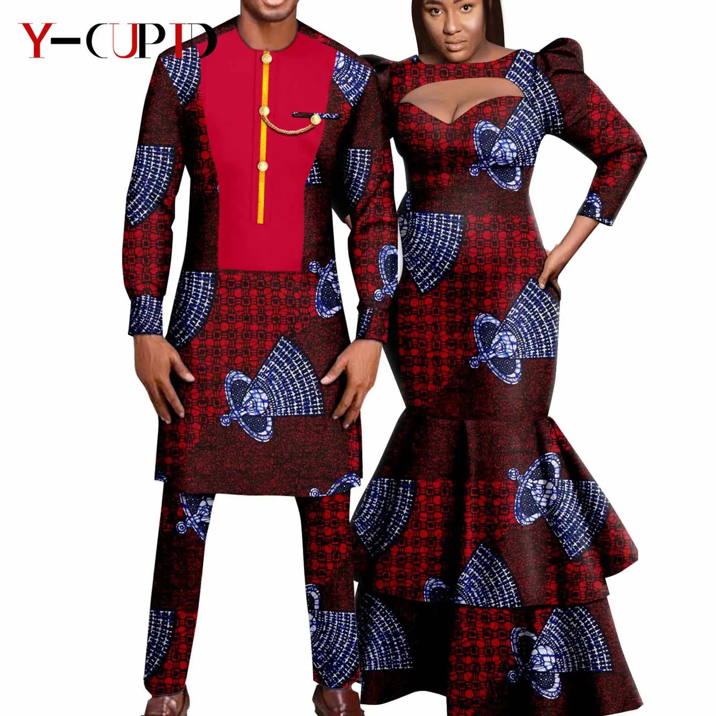 African Print Long Dresses for Women Matching Men Outfit Dashiki Top and Pant Sets Couples Clothes Kaftan Party Outwear Y23C054