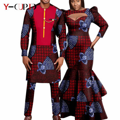 African Print Long Dresses for Women Matching Men Outfit Dashiki Top and Pant Sets Couples Clothes Kaftan Party Outwear Y23C054
