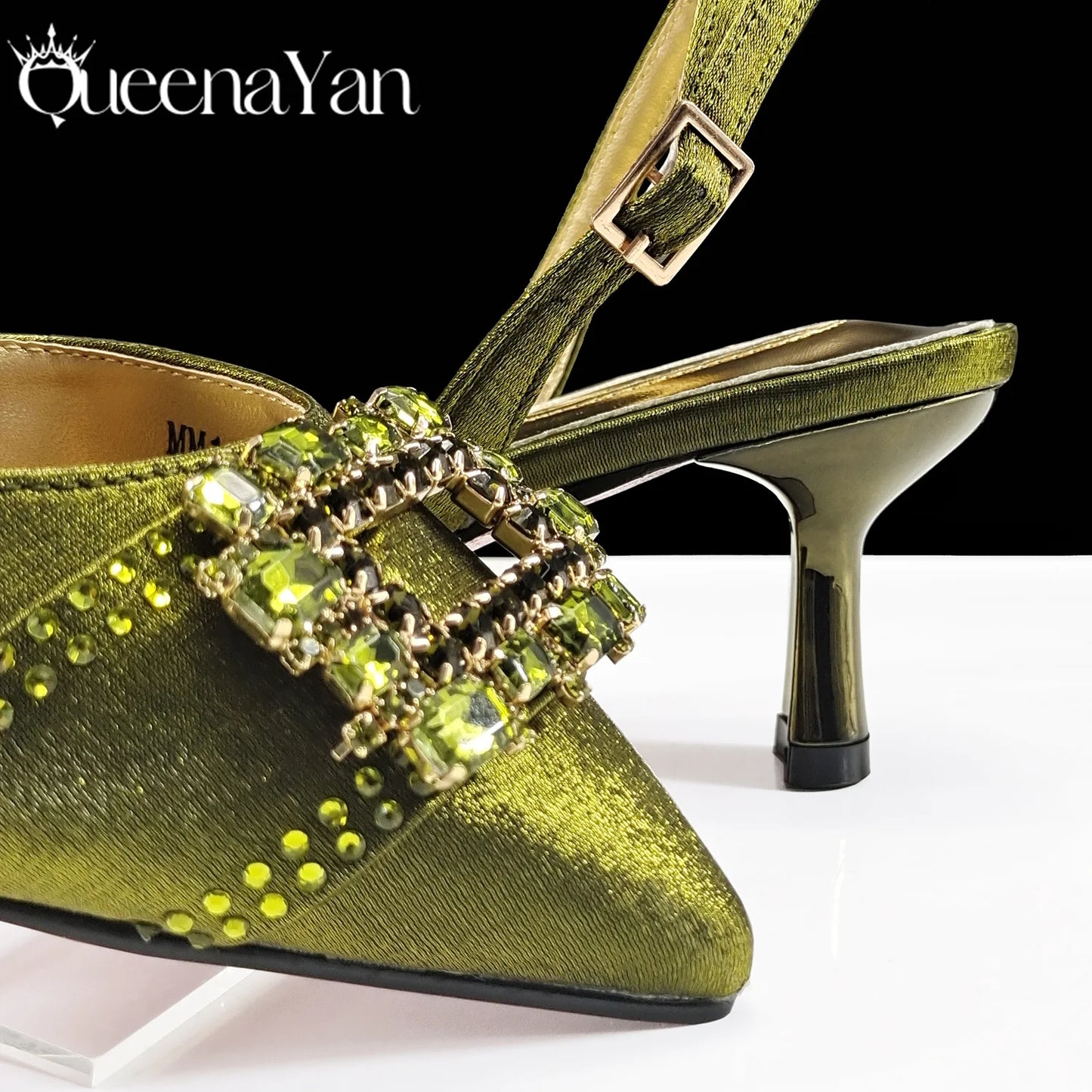 Queena Yan Nigeria Elegant Noble Party Wedding Shoes And Bag Pointed Toe Decorated With Rhinestone Women Heel Shoes
