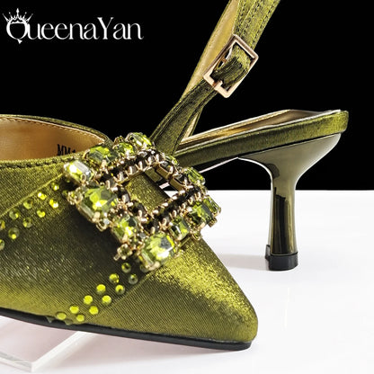 Queena Yan Nigeria Elegant Noble Party Wedding Shoes And Bag Pointed Toe Decorated With Rhinestone Women Heel Shoes