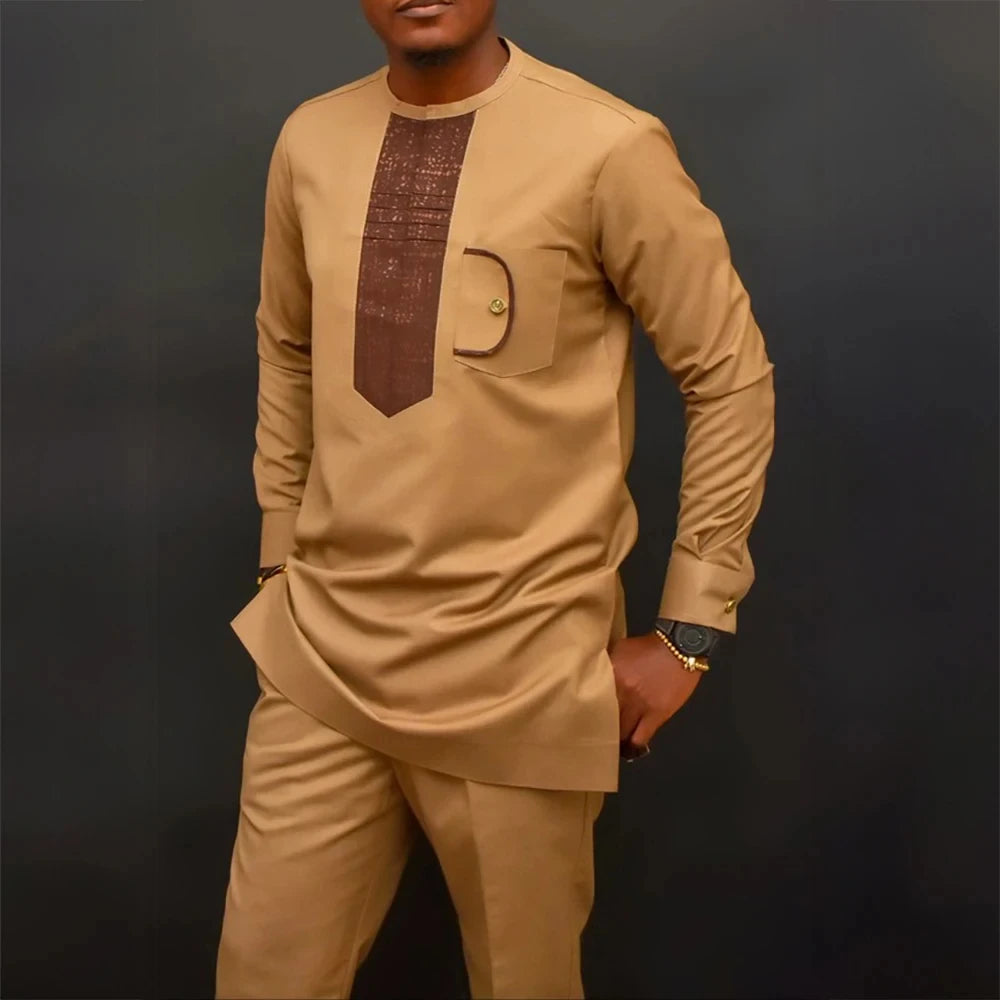 2025 African Sets For Men Autumn Striped Print Casual Dashiki Ethnic Style Long O-Neck Fashion Wedding Two-piece Suit New