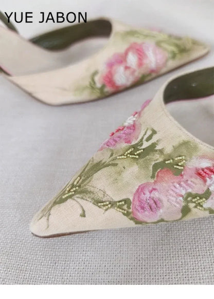 Flowers Embroidered Stiletto Heel Sandals Women Elegant High Heels Slingback Sandals China Embroider Pointed Toe Pumps Women