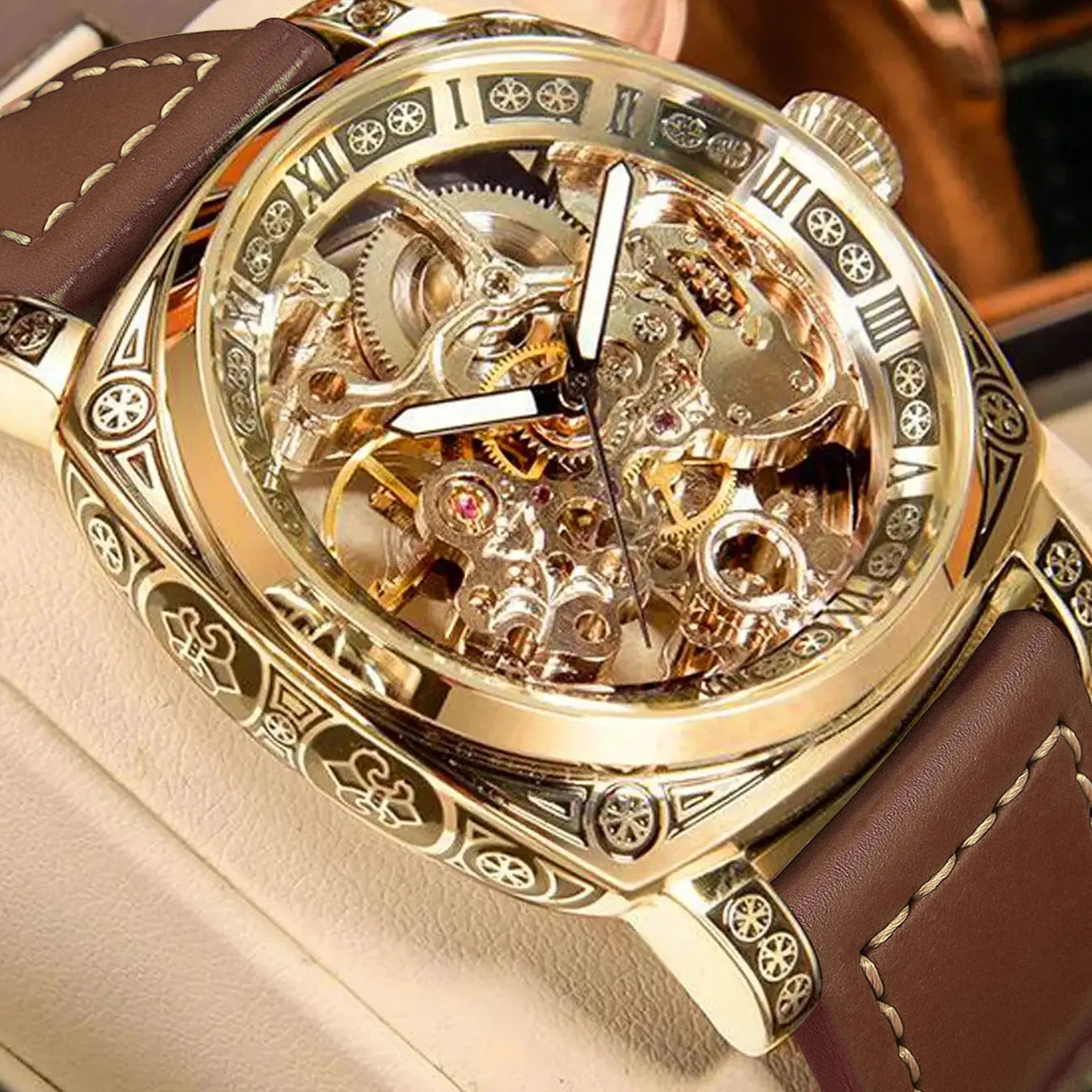 A MEN'S Black Zinc Alloy Business Style Luminous Carved Fully Automatic Tourbillon Hollow Mechanical Watch