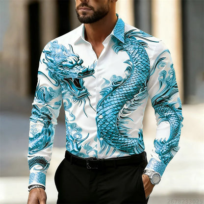 Men's shirt long sleeve shirt Chinese dragon HD pattern 3D printing lapel fashion casual street top, high quality fabric