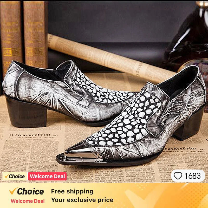 2024 Western Fashion Pointed Metal Toe Dress Shoes Blue Grey Party Wedding Leather Shoes for Men