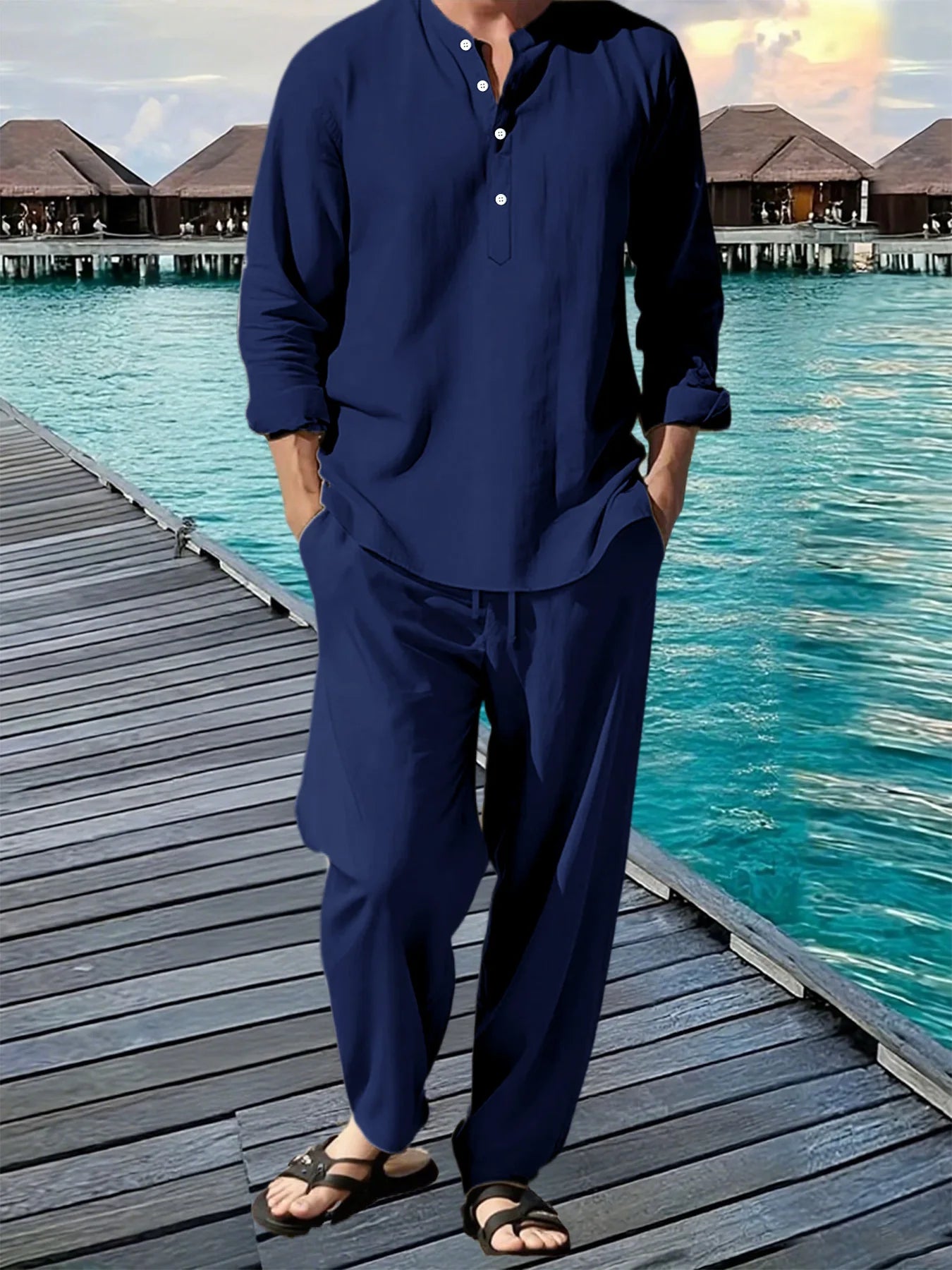 New Long Sleeve Henley Shirt Pants Suit Men Lightweight Breathable Streetwear Solid Color Business Button Polo Shirts Long Pants