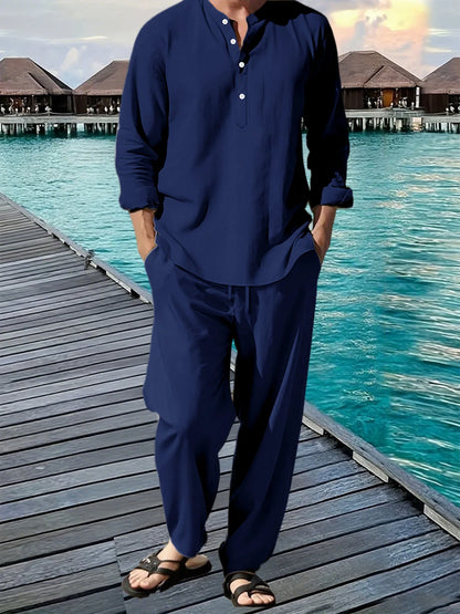 New Long Sleeve Henley Shirt Pants Suit Men Lightweight Breathable Streetwear Solid Color Business Button Polo Shirts Long Pants
